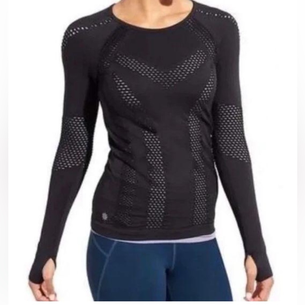 Athleta Running Top Burpee Laser Cut Long Sleeve Two Layer Activewear SZ XS EUC